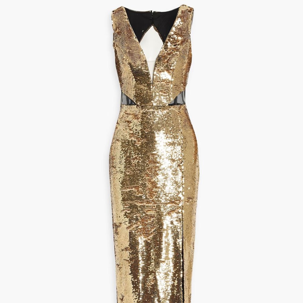Marchesa Notte Metallic Gold Open Back Gown NWT